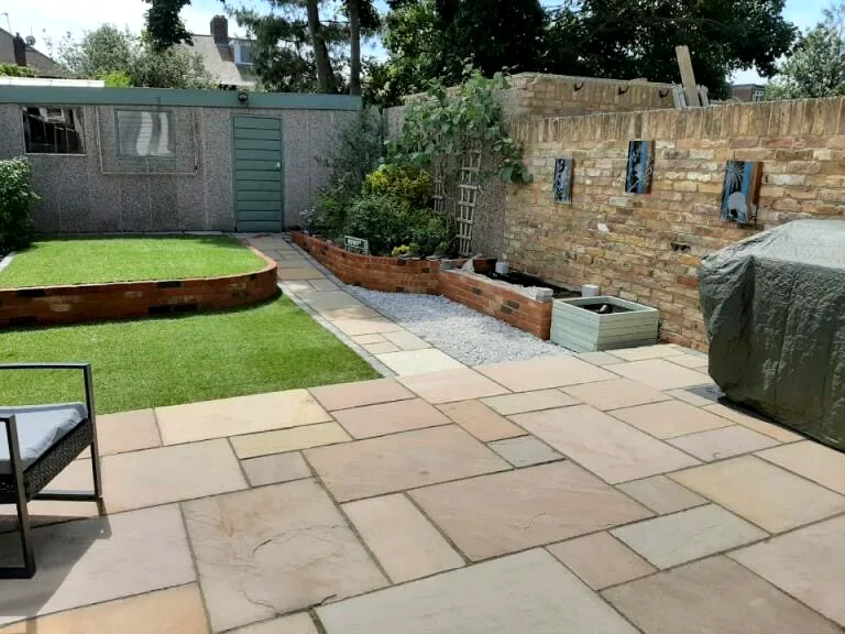 Full garden transformation with Indian sandstone