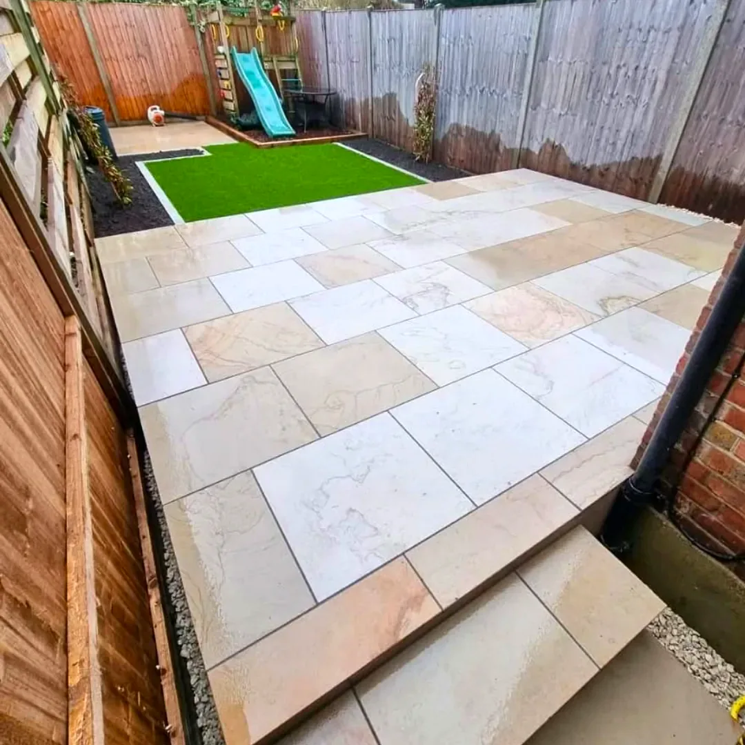 Natural stone patio installation in West London